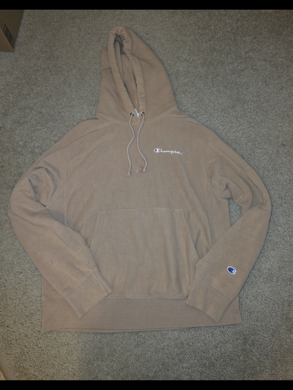 Champion Reverse Weave Mens M Beige Cream Pullover Fleece Hoodie Logo Pockets